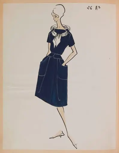Robe bleu marine avec foulard tenu dans des passants, by Carven