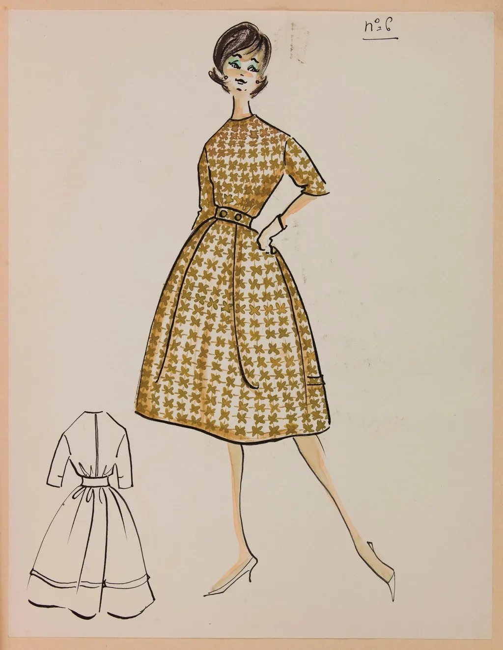 Robe cintrée à motif de croix marron, by Carven, 1959