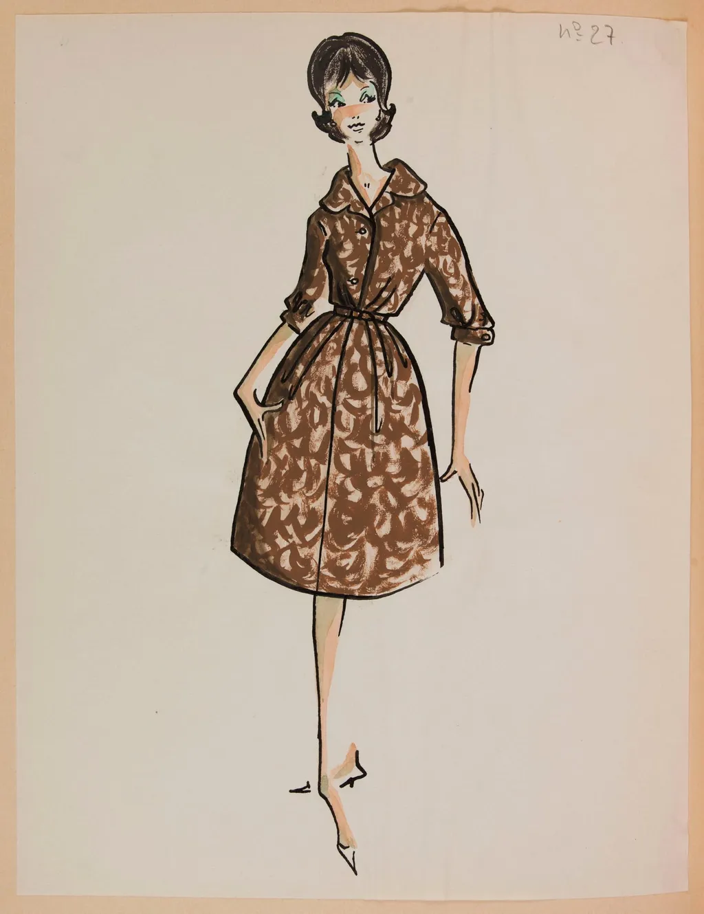 Robe cintrée à motif marron, by Carven, 1959