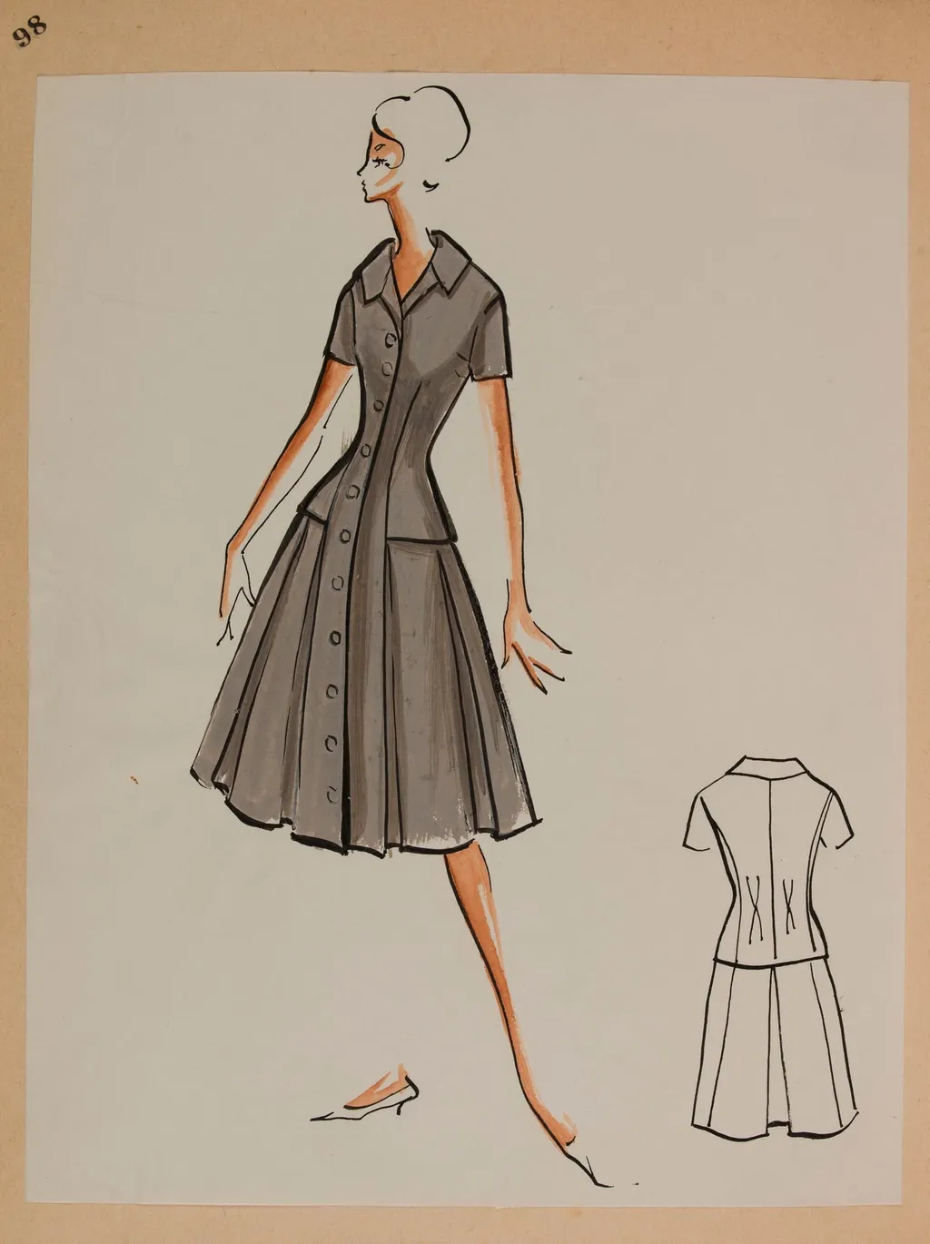 Robe grise à boutonnage sur toute la longueur avec haut à manches courtes et col chemiser et jupe évasée à plis creux, by Carven, 1958
