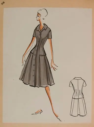 Robe grise à boutonnage sur toute la longueur avec haut à manches courtes et col chemiser et jupe évasée à plis creux, by Carven