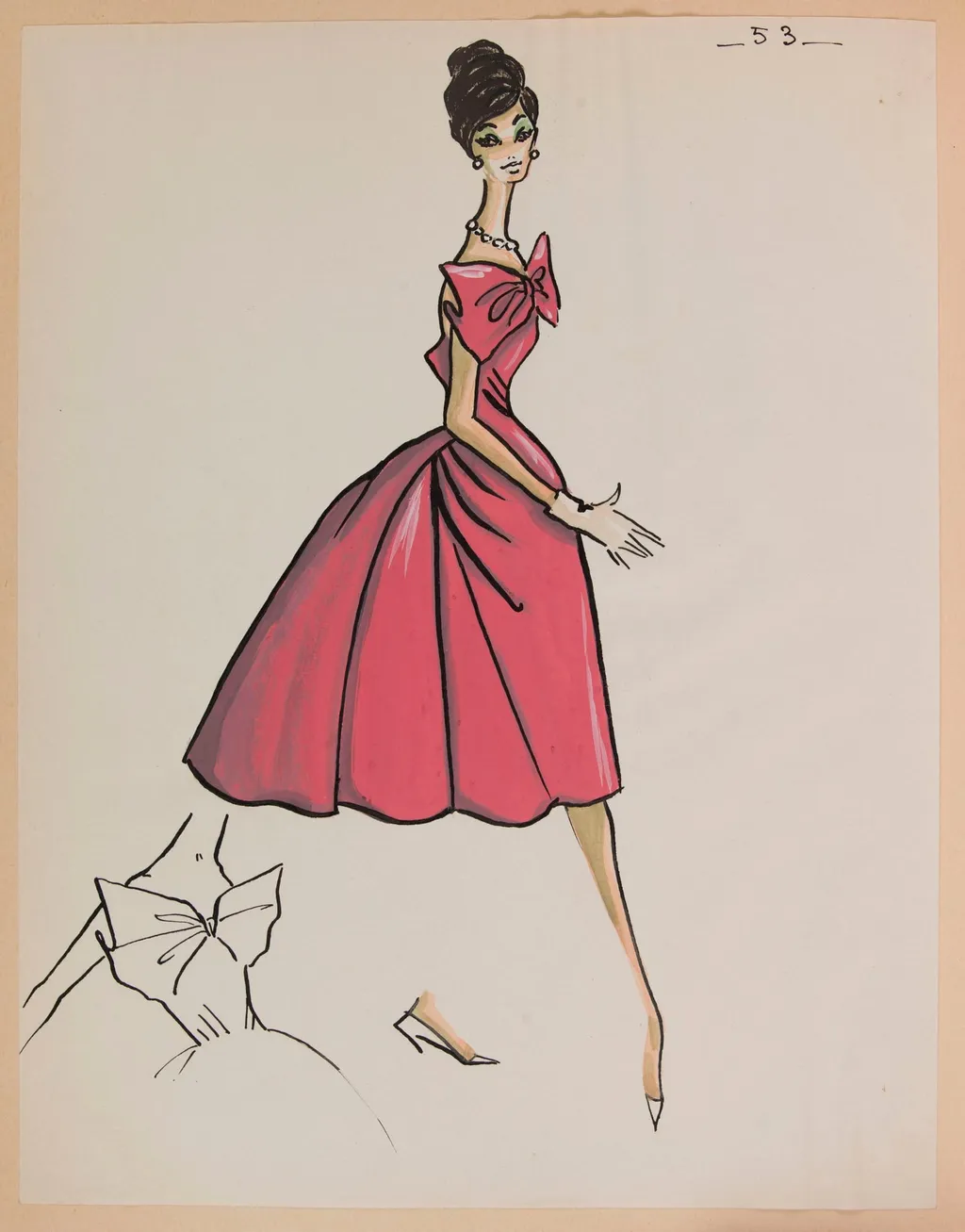Robe rose à gros noeud sur la poitrine, by Carven, 1959