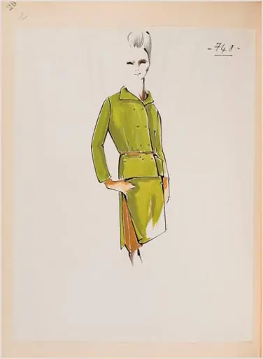 Tailleur vert et marron avec veste à fine ceinture et boutonnage