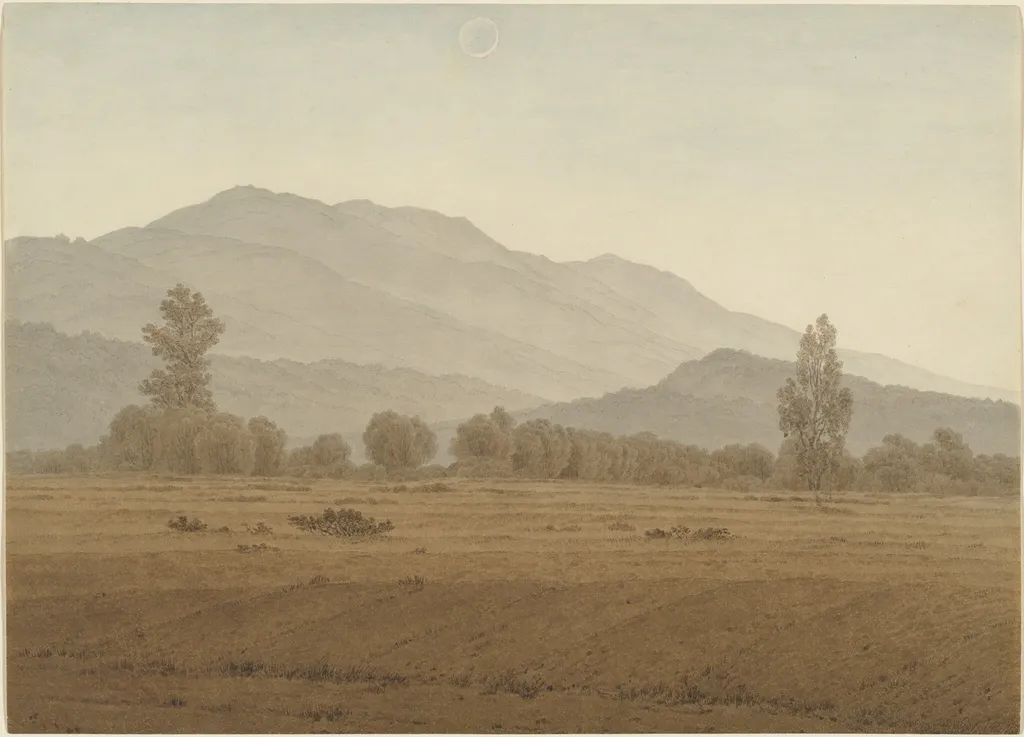New Moon or Solar Eclipse above the Riesengebirge Mountains, by Caspar David Friedrich, graphite, 1832