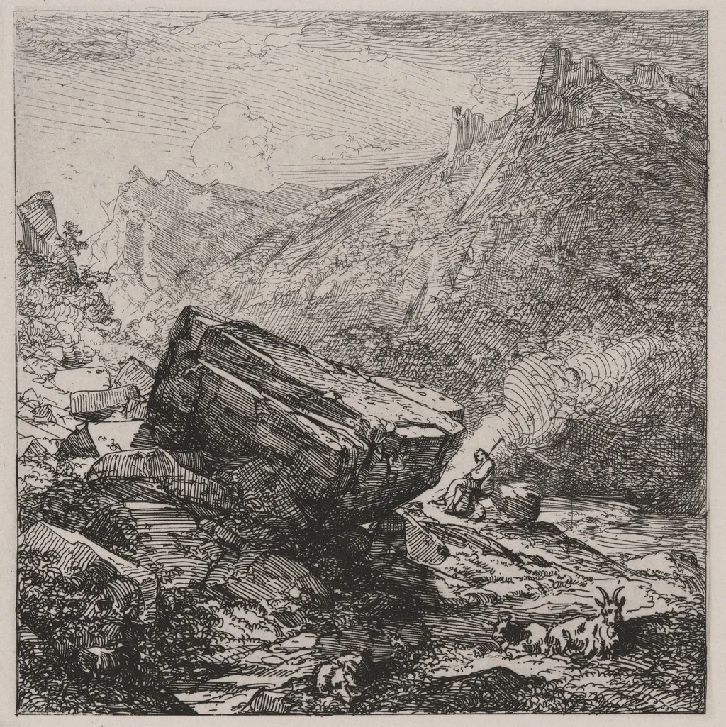 Boulder with a Shepherd and Goats, by Caspar Johann Nepomuk Scheuren, ink, 1842