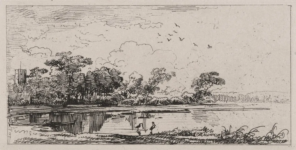 Lowland Marsh with Water Birds, by Caspar Johann Nepomuk Scheuren, ink, 1842