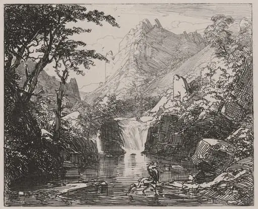 Mountain View with Waterfall and Water Birds, by Caspar Johann Nepomuk Scheuren