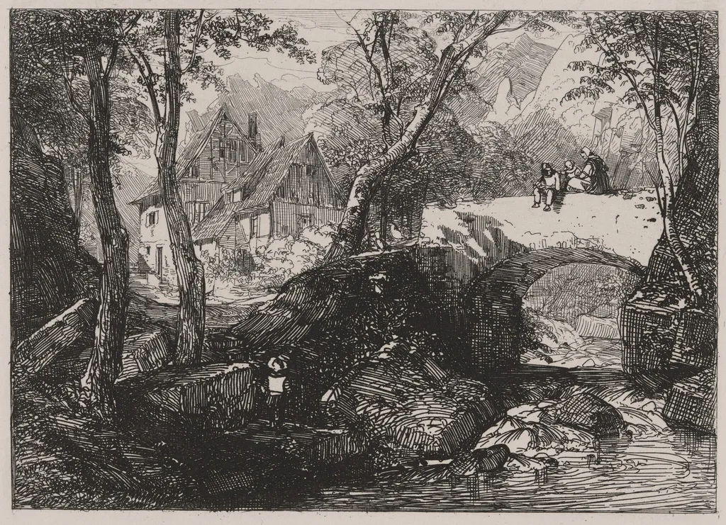 Stone Bridge over A Mountain Brook, by Caspar Johann Nepomuk Scheuren, ink, 1842