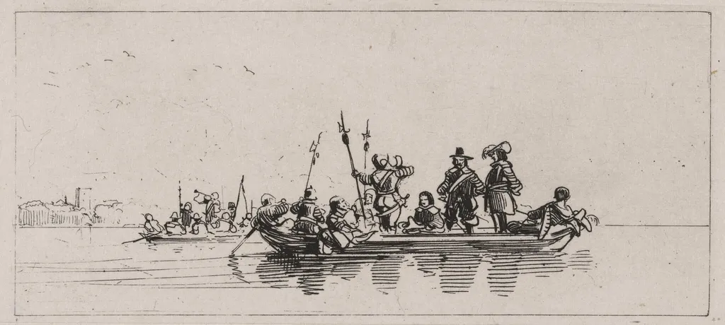 Two Boats With Passengers and Guards, by Caspar Johann Nepomuk Scheuren, ink, 1842