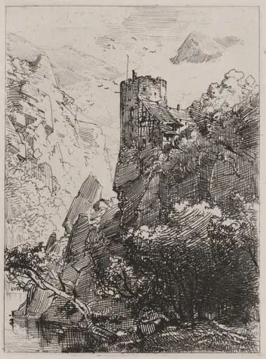 Watchtower on a Cliff with a Stream, by Caspar Johann Nepomuk Scheuren
