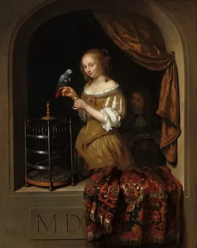 A Woman Feeding a Parrot, with a Page, by Caspar Netscher