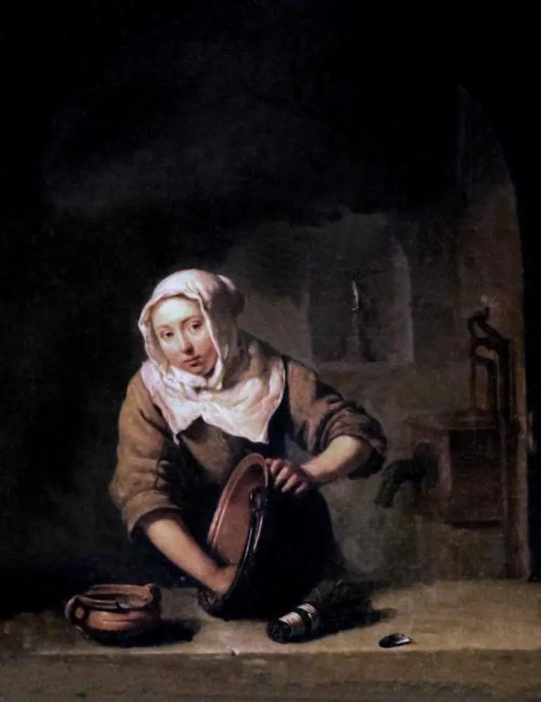A Young Woman scouring a Copper Pot, by Caspar Netscher