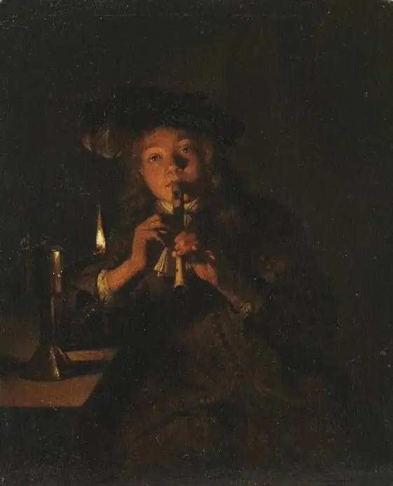 Boy Playing the Flute by Lamplight, by Caspar Netscher