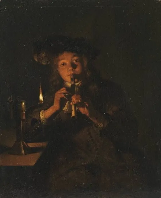 Boy Playing the Flute by Lamplight