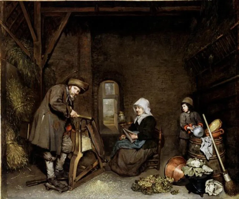 Chaffcutter with His Wife and Child, by Caspar Netscher
