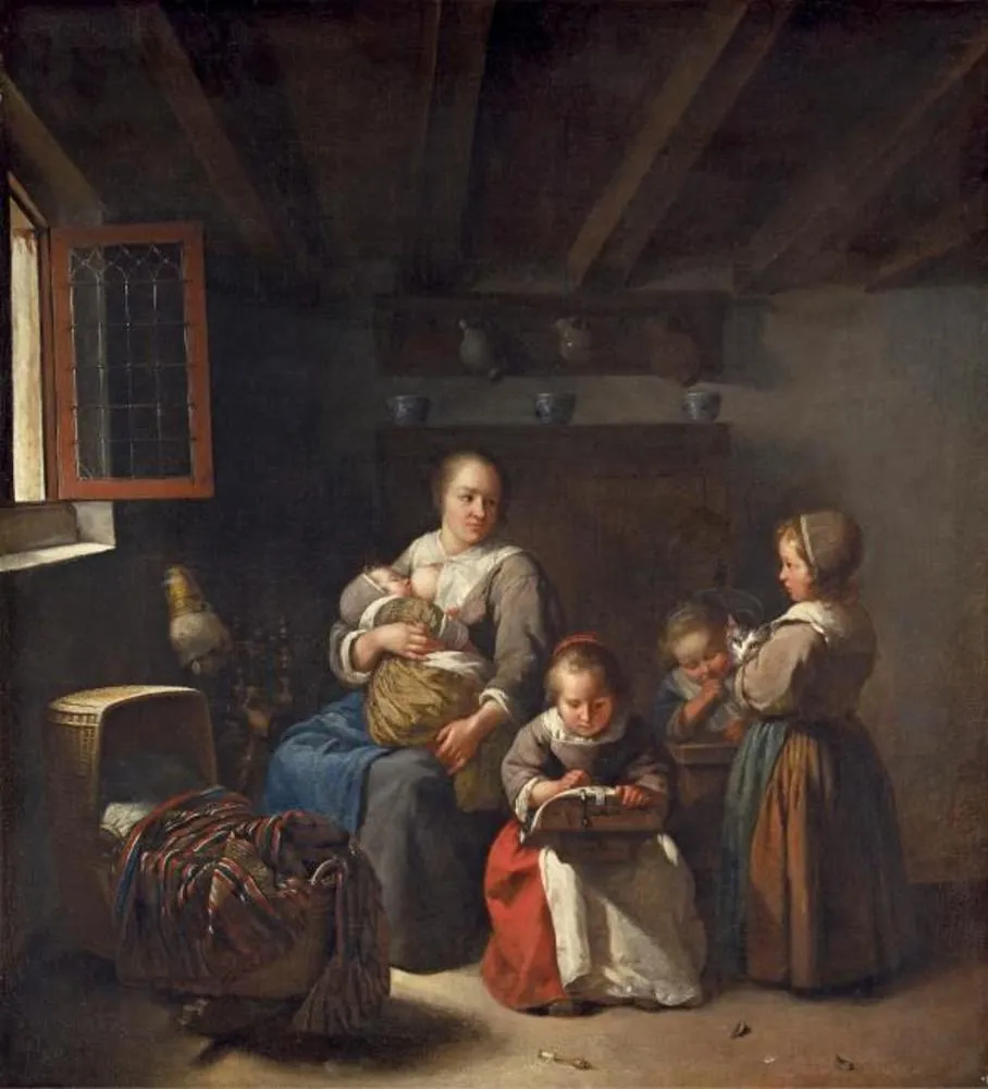 Nursing mother with three girls, by Caspar Netscher, oil, 1675