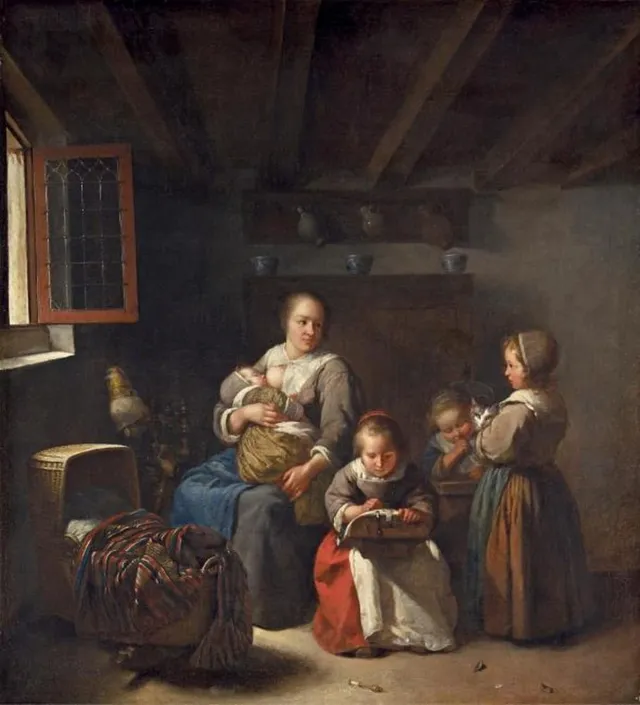 Nursing mother with three girls
