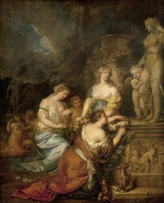 Nymphs Laying Offerings before a Statue of Venus and Cupid, by Caspar Netscher, oil
