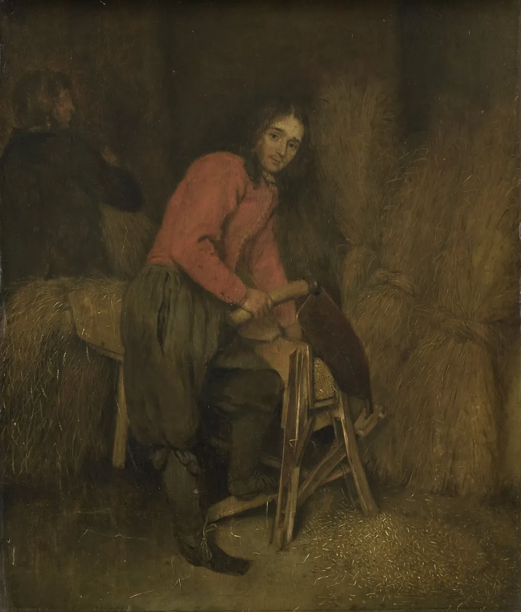 Trimming bales of hay, by Caspar Netscher, oil, 1672