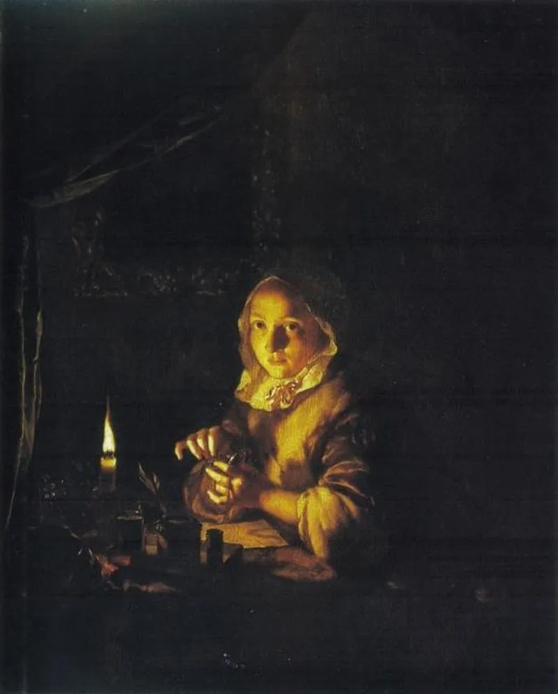 Young woman winding up a watch by candlelight, by Caspar Netscher, oil, 1665