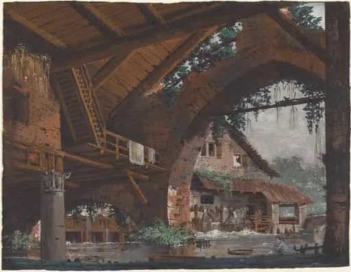 Architectural Fantasy of Antique Ruins with a Watermill, by Caspar Wolf