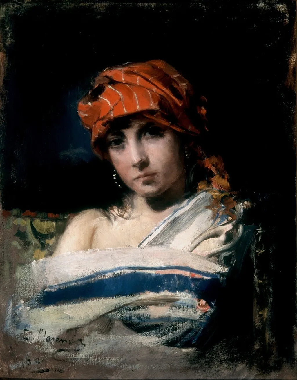 La joven del pañuelo rojo, by Casto Plasencia, oil