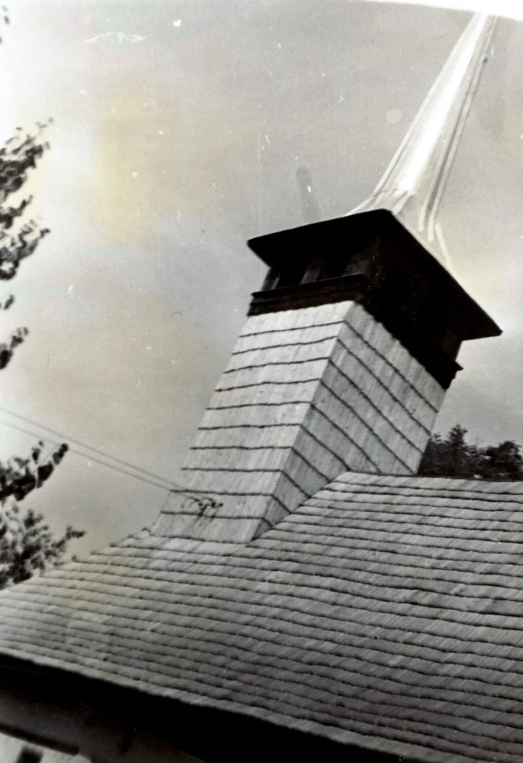 Partial view of the wooden church "Sf. Archangels "from Ociu, Valea Jos commune, Hunedoara county (1982), by Catalina Marin, 1982