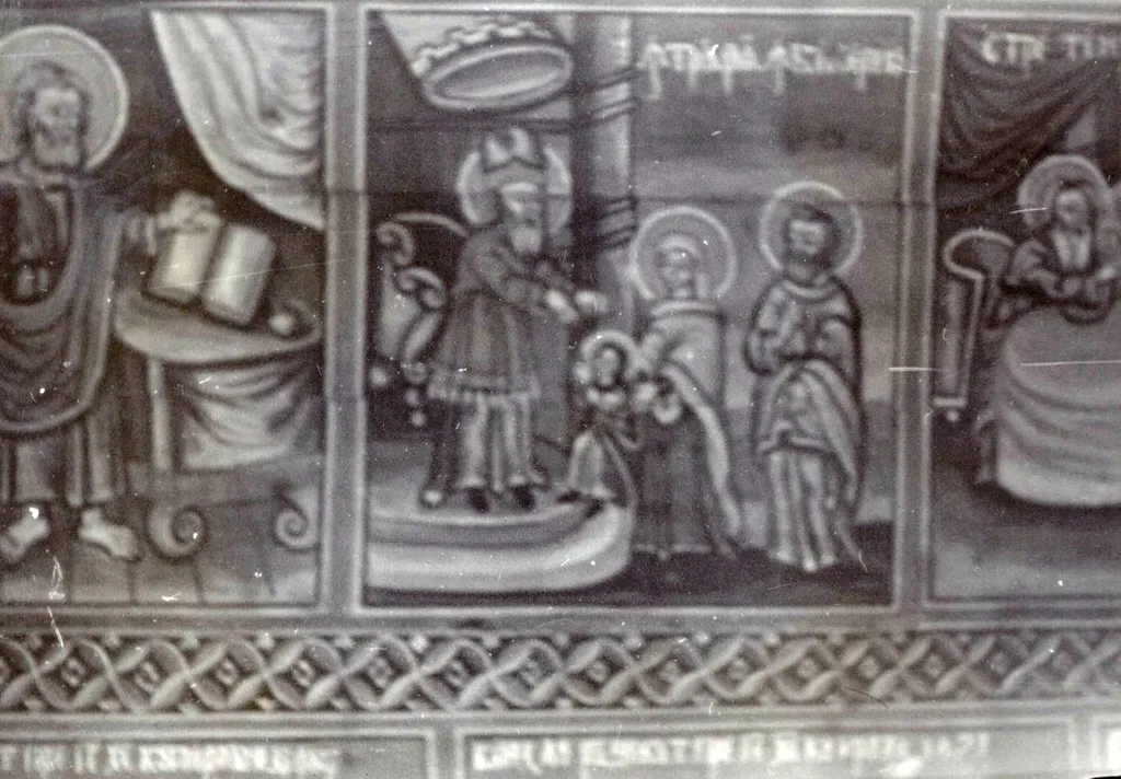 Pictura murală (ulei pe lemn) în interiorul bisericii de lemn „Sf. Arhangheli” din Ociu, comuna Vața de Jos, județul Hunedoara (1982), by Catalina Marin, 1982