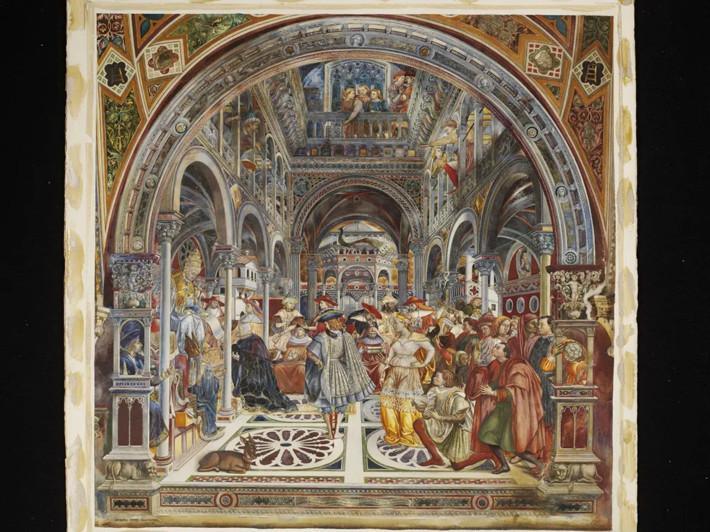Pope Celestin III granting to the Rector of the Hospital of Santa Maria della Scala at Siena, exemption from the jurisdiction of the Cathedral Chapter, by Catani, watercolor, 1890