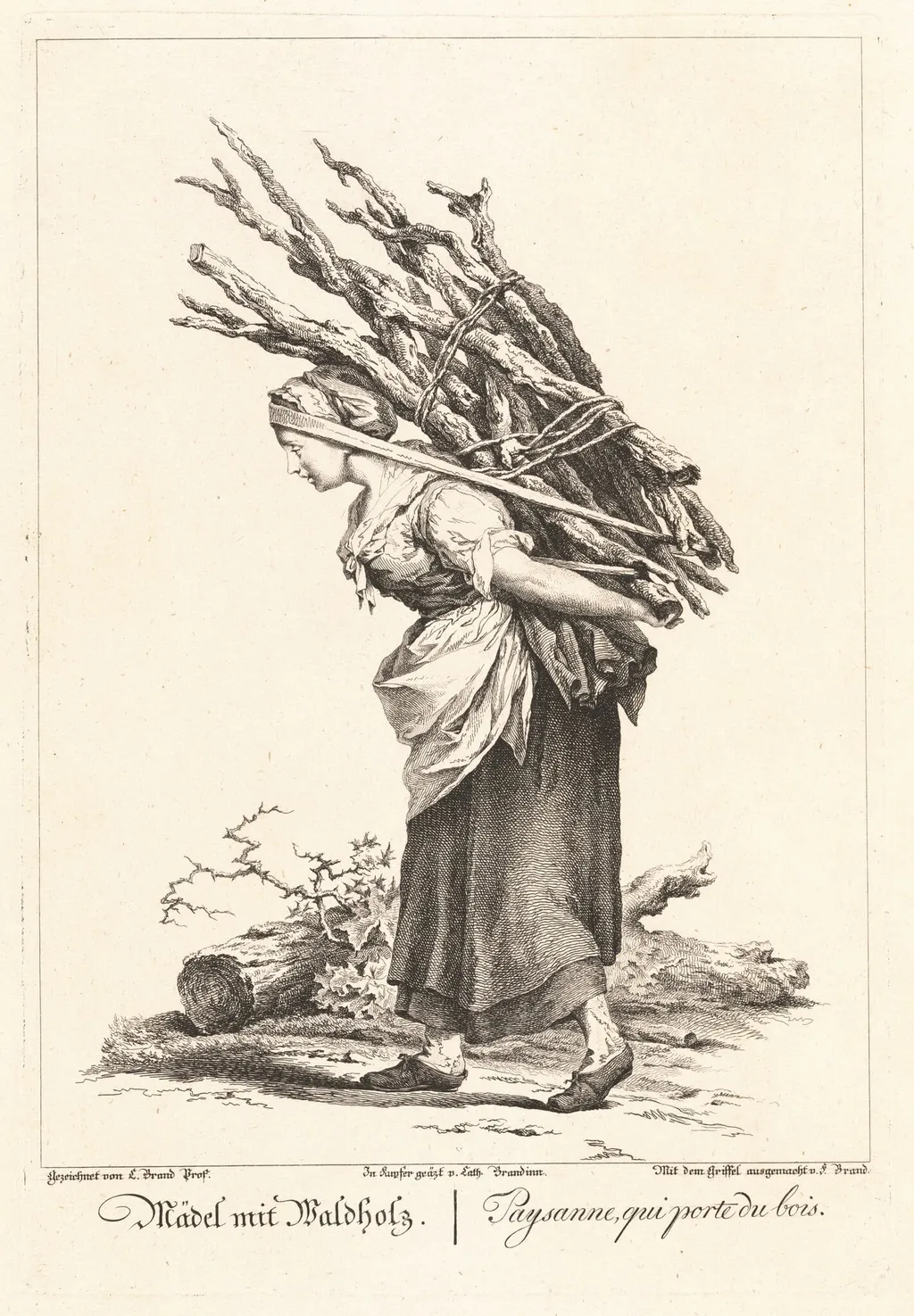 Mädel mit Waldholz (Peasant Girl Carrying Wood), by Catherine Brandinn, ink, 1775