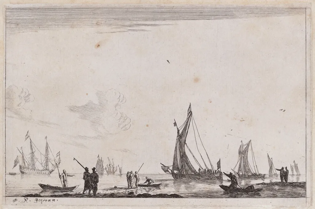 Inland Waterway with Two Galliots at the Right, by Nooms, called Zeeman, Reinier, ink, 1656