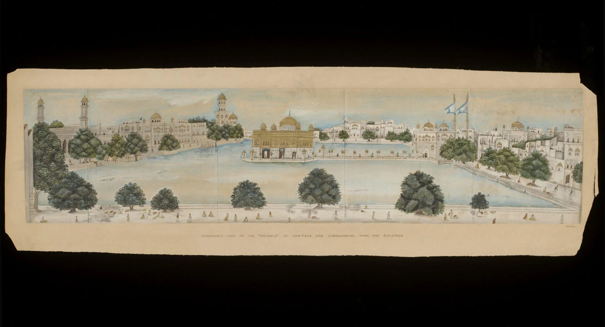 Panoramic view of the Golden Temple, Amritsar, with the surrounding water tank and buildings., detail