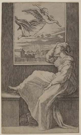 The Vision of Saint Helena, by Marcantonio Raimondi, ink, 1518