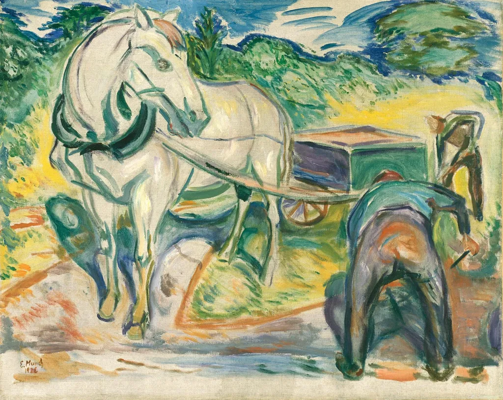Digging Men with Horse and Cart, by Edvard Munch, oil, 1920