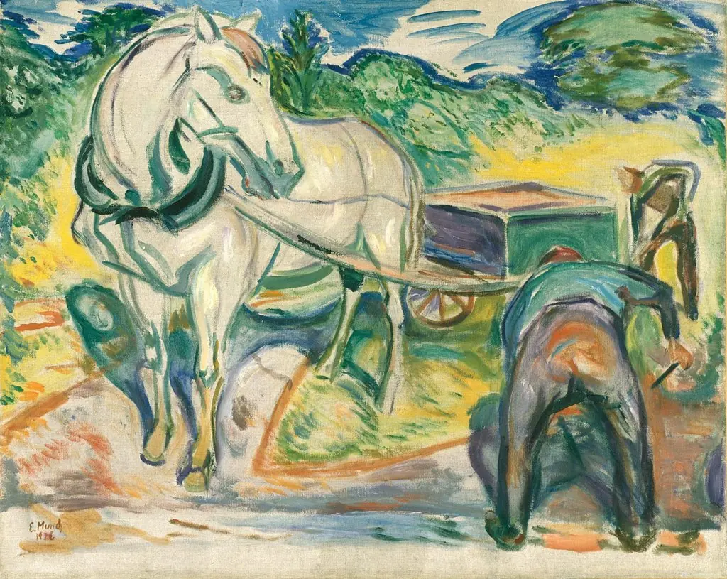 Digging Men with Horse and Cart, by Edvard Munch, oil, 1920