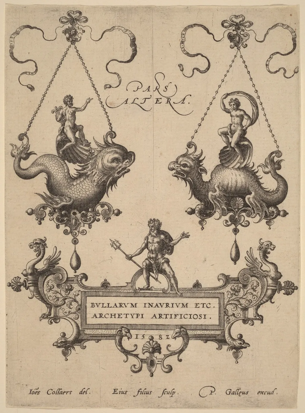 Title Plate with Designs for Pendants, by Adriaen Collaert, ink, 1582