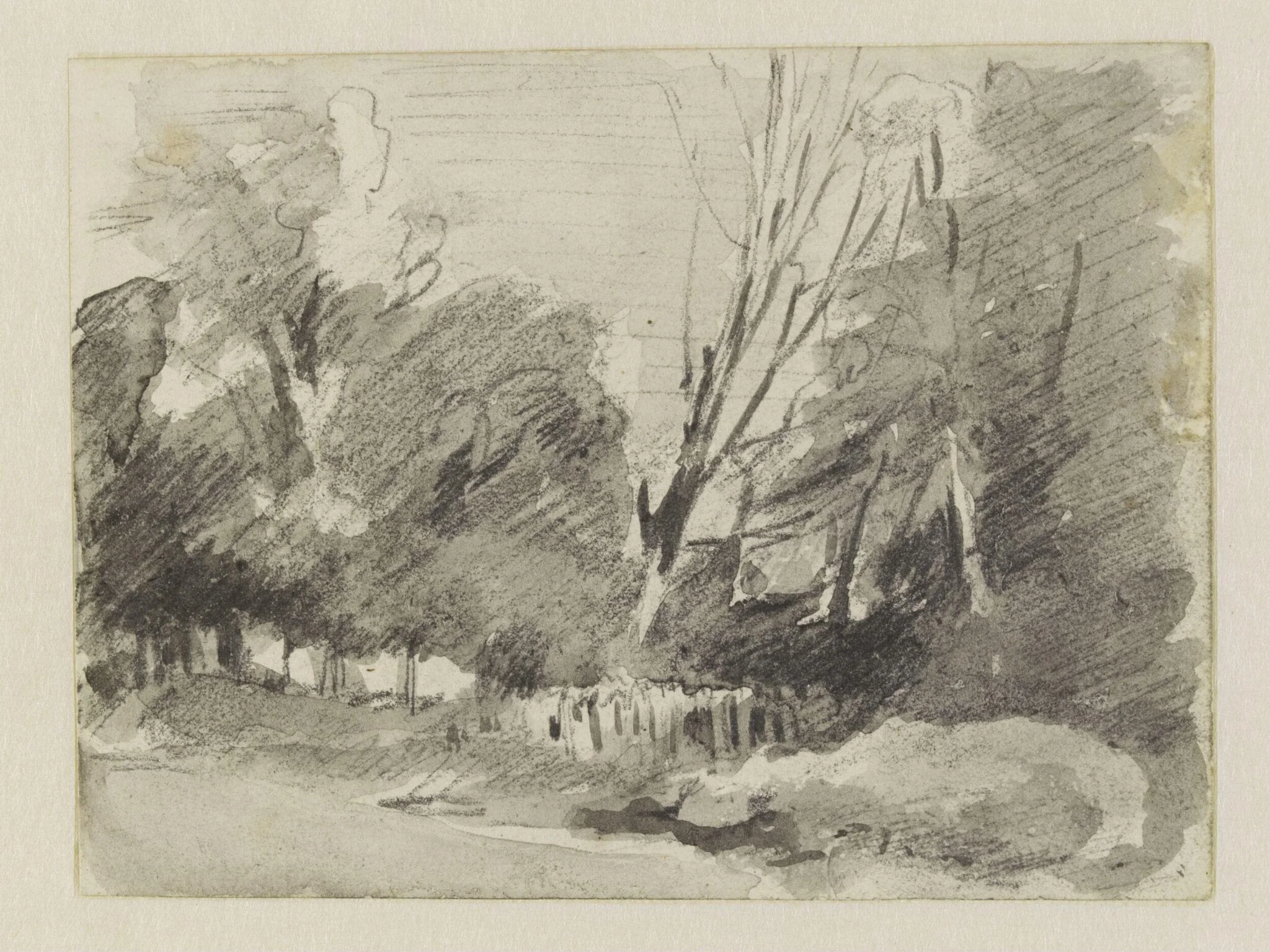 Two sketches on one sheet: a countryman walking, and a group of people beside two donkeys., detail