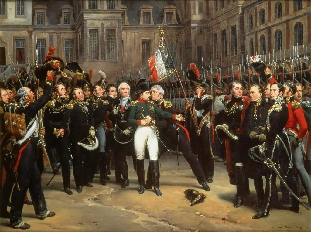 Napoleon bids farewell to his Guard at Fontainebleau on 20 April 1814, by Antoine Alphonse Montfort, oil, 1824