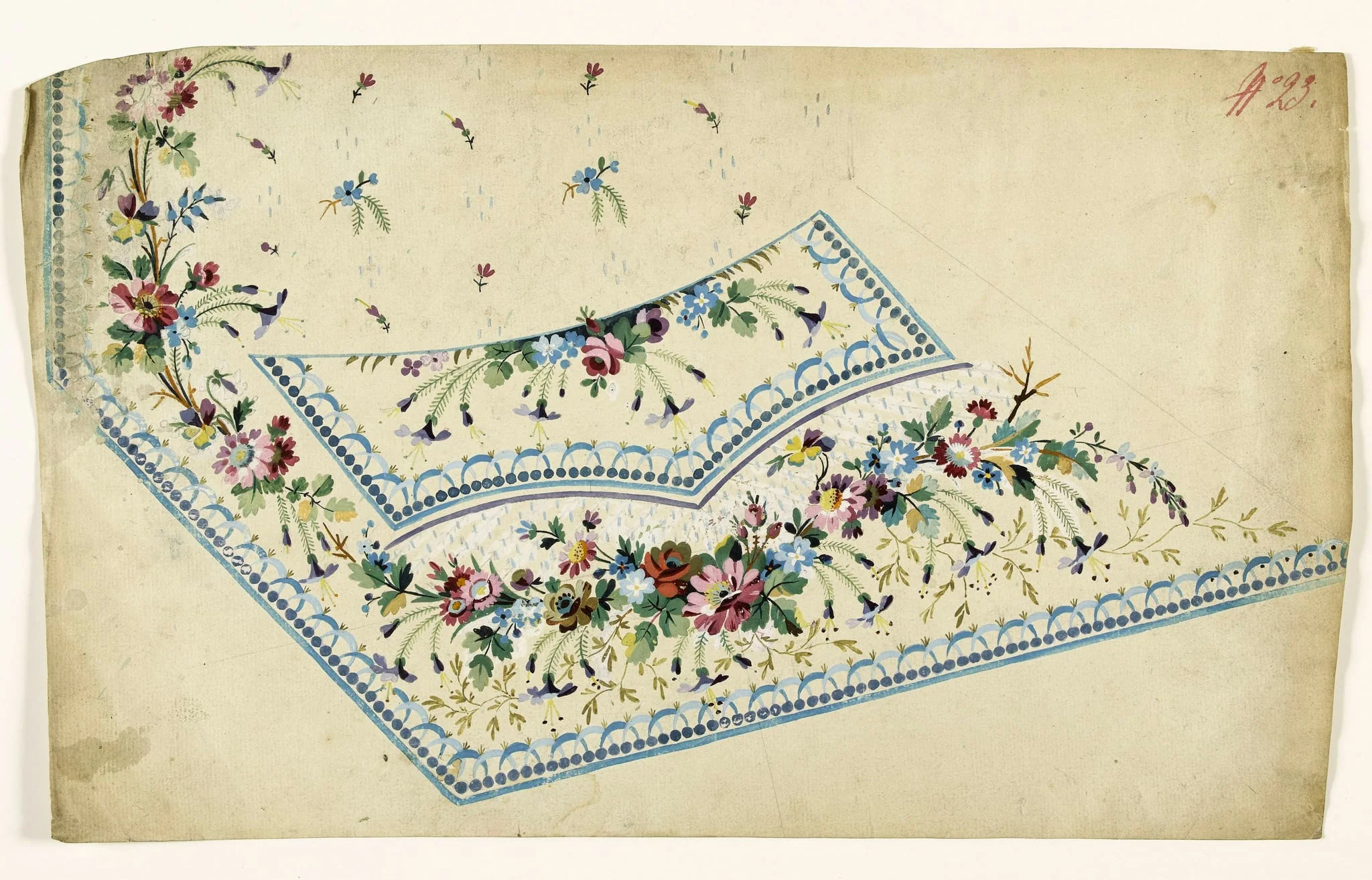 Composition de fleurs en guirlandes et en semis et frises de perles bleues, projets de broderies de gilet, XVIIIème siècle, detail