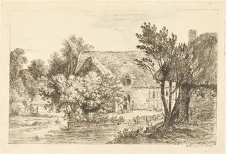 A House and a Shaded Cottage on the Banks of a River, by Nicolas Pérignon, ink, 1770