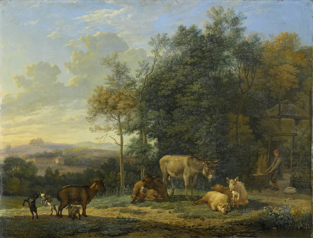 Landscape with Two Donkeys, Goats and Pigs, by Karel Dujardin, oil, 1655