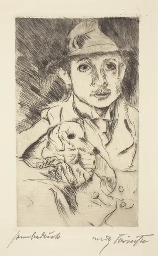Knabe mit Hund (Boy with Dog), by Lovis Corinth, ink, 1915