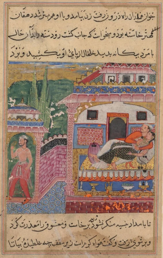 The farmer, father of the son with the deceitful wife, steals away with her anklet while she is in bed with her lover, from a Tuti-nama (Tales of a Parrot): Eighth Night, detail