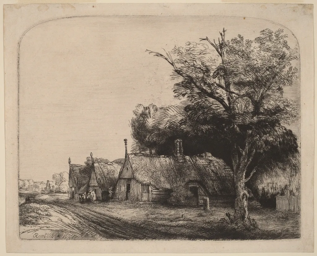 Landscape with Three Gabled Cottages beside a Road, by Rembrandt van Rijn, ink, 1650