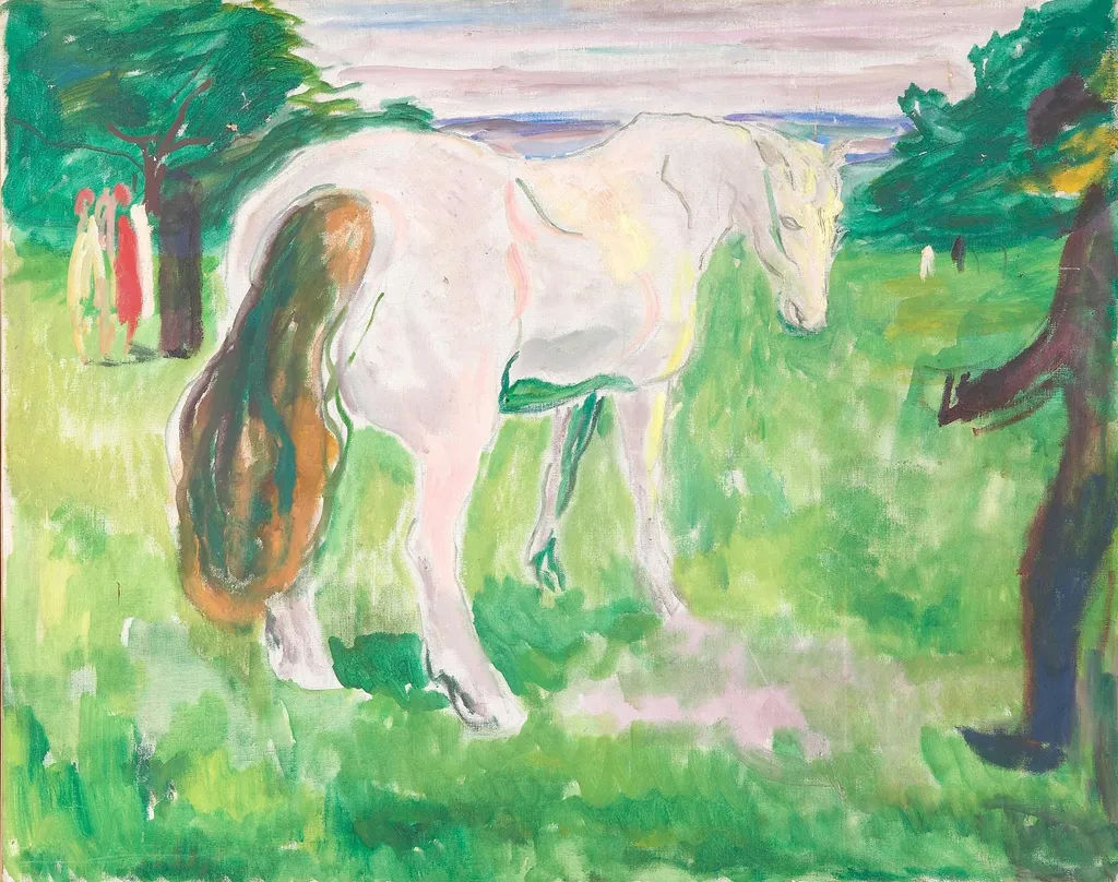White Horse in a Green Meadow, by Edvard Munch, oil, 1917
