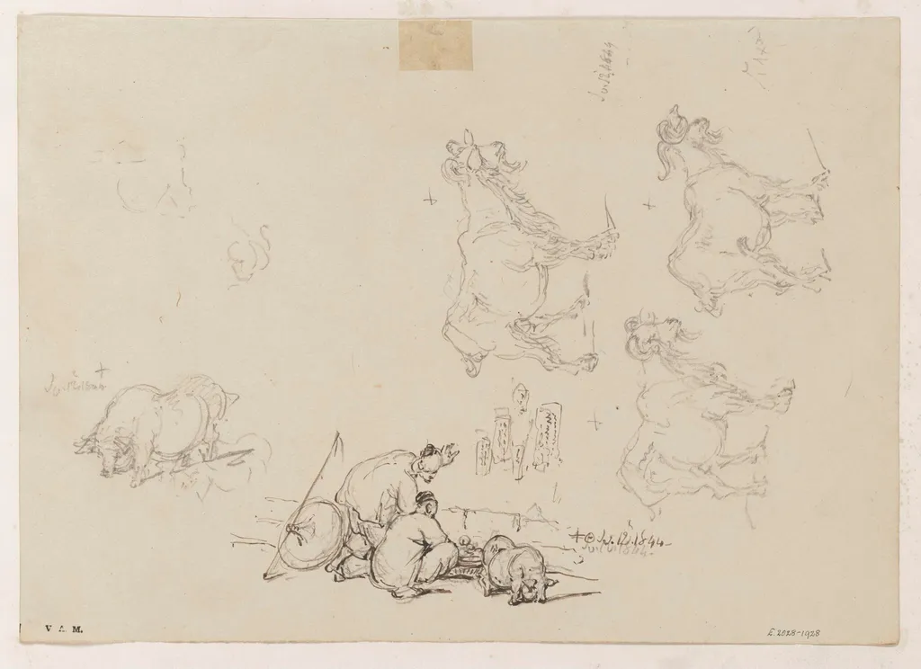 Two figures with a basket, goats and pigs, by George Chinnery, 10