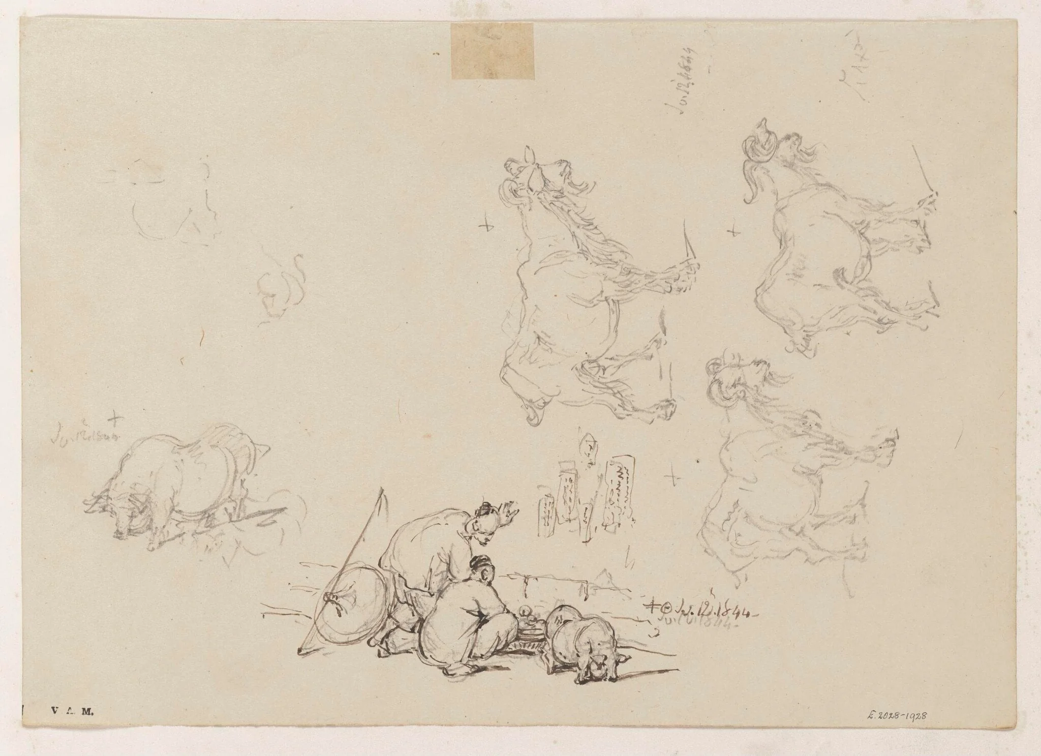 Two figures with a basket, goats and pigs, detail