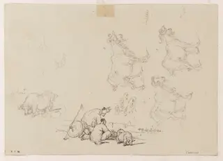 Two figures with a basket, goats and pigs, by George Chinnery, 10