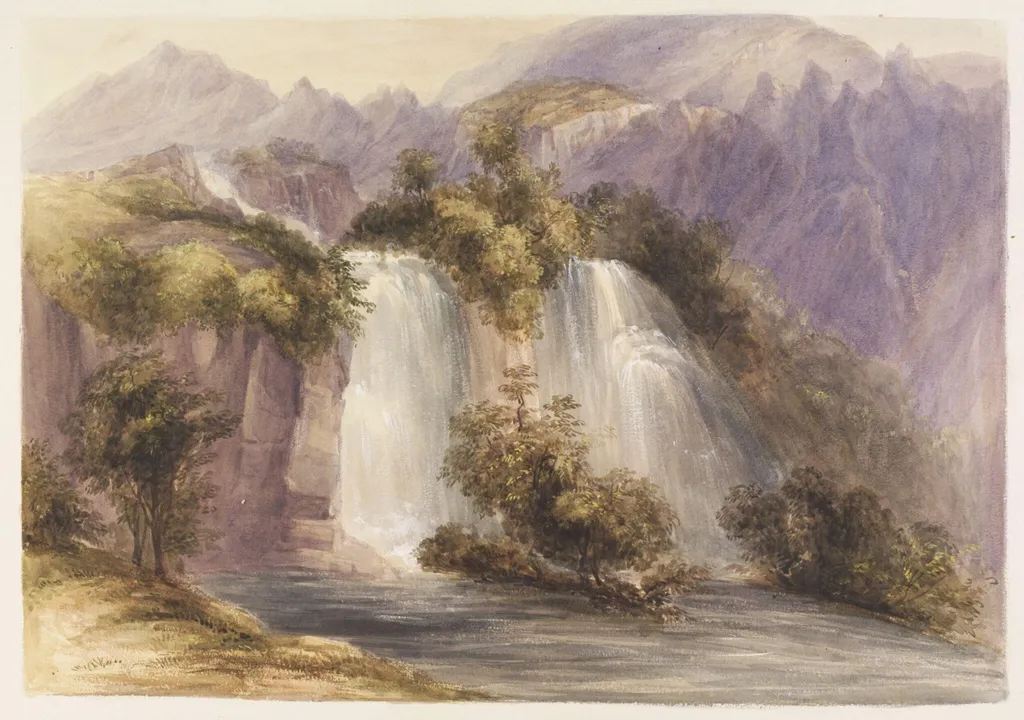 The Beit el-ma Falls, near Antioch, by Frederick Parr, watercolor, 1850