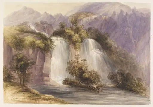 The Beit el-ma Falls, near Antioch, by Frederick Parr, watercolor, 1850